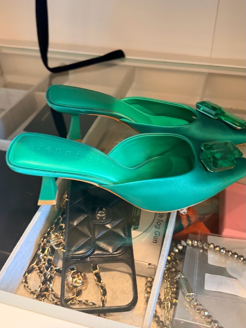 Gianni Bini Teal Satin Pointed-Toe Mules with Gem Embellishment - Picture 3 of 6